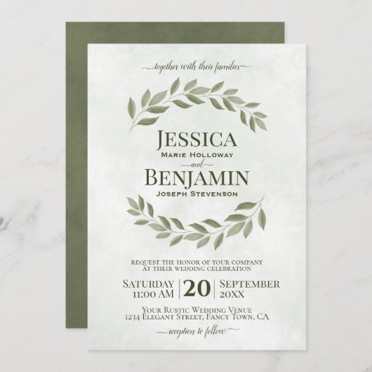 Rustikale Blätter Elegante Hochzeit mit Olivenbäum Einladung (Vorne/Hinten)