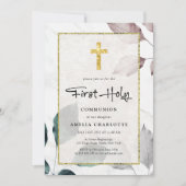 Rustikale Blätter Gold Glitzer Cross First Communa Einladung (Vorderseite)