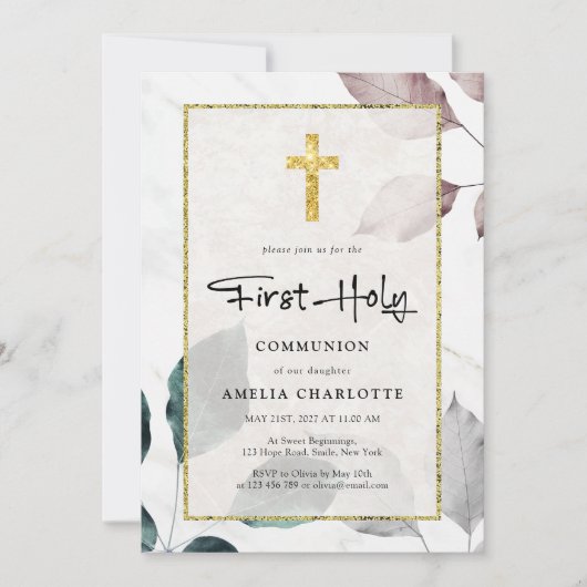 Rustikale Blätter Gold Glitzer Cross First Communa Einladung (Vorderseite)