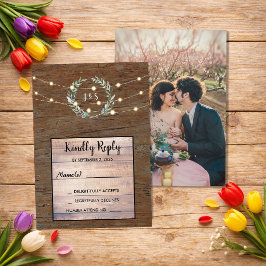 Rustikale Blätter Holz-Lichterkette Hochzeit RSVP  Einladung