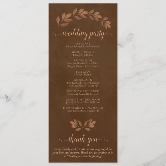 Rustikale Blätter Kastanienbraun Hochzeit Programm (Rückseite)