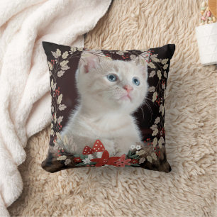 Rustikale Blätter Katze Haustier Foto Weihnachten Kissen