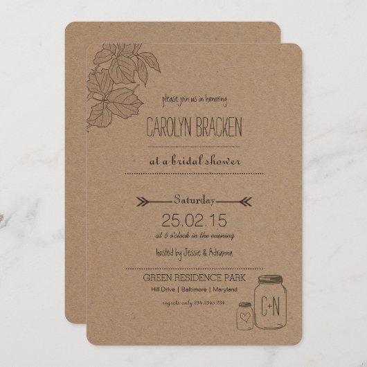 Rustikale Blätter| Masonjar | Herz-Brautparty Einladung (Vorne/Hinten)