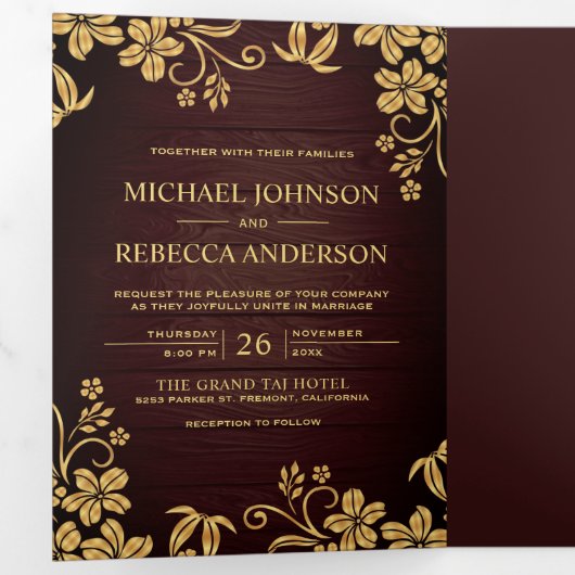 Rustikale Blätter mit Holz und Goldfolie Dreifach Gefaltete Einladung (Innen Erste Seite)