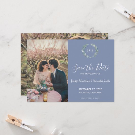 Rustikale Blätter Monogramm Foto Save the Date Einladung (Vorderseite/Rückseite Beispiel)