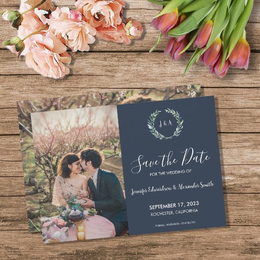 Rustikale Blätter Monogramm Foto Save the Date Einladung