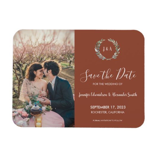 Rustikale Blätter Monogramm Foto Save the Date Magnet (Horizontal)