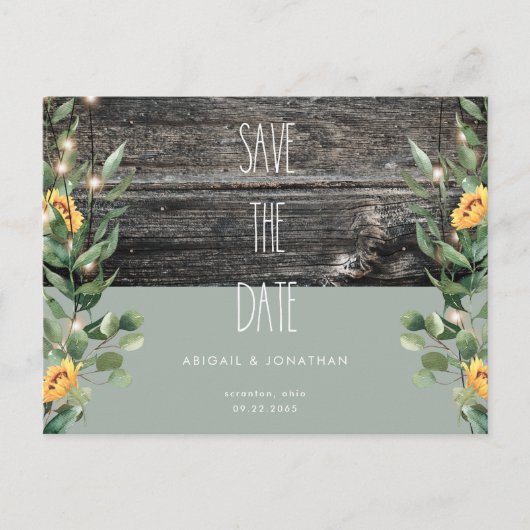 Rustikale Blätter Sonnenblumen Rett Datum Einladungspostkarte (Vorderseite)