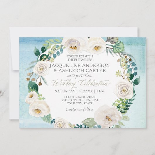 Rustikale blaue Alabaster-Rose Eukalyptus Wreath Einladung (Vorderseite)