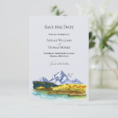 Rustikale Blaue Berg-Wasserfarbe Save The Date Kar (Stehend Vorderseite)