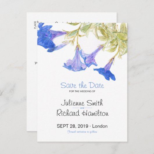 Rustikale blaue Blütenhochzeit Sichern Sie das Dat Ankündigungspostkarte (Vorne/Hinten)