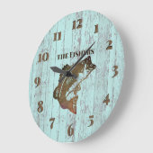 Rustikale blaue Brett-Fischen-Kabine Große Wanduhr (Winkel)