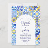 Rustikale Blaue Gelbe Arche Portugiesische Hochzei Einladung (Vorderseite)