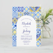 Rustikale Blaue Gelbe Arche Portugiesische Hochzei Einladung (Stehend Vorderseite)