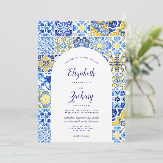 Rustikale Blaue Gelbe Arche Portugiesische Hochzei Einladung (Stehend Vorderseite)