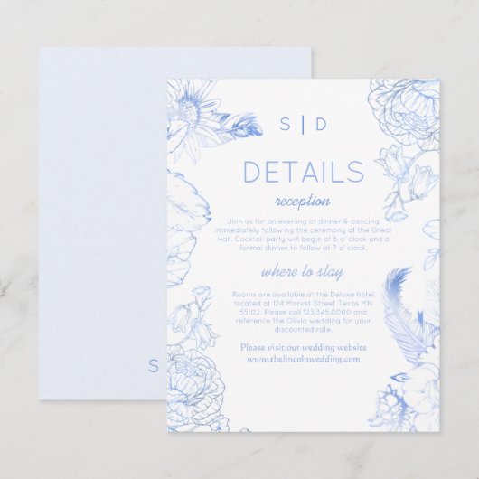 Rustikale blaue Hochzeit mit Blumen Begleitkarte (Vorne/Hinten)