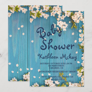 Rustikale blaue Holz-Kirschblüten-Frühlings-Baby-P Einladung