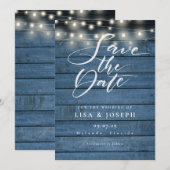 Rustikale blaue Holz-Lichterkette Skript Hochzeit Save The Date (Vorne/Hinten)
