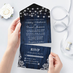 Rustikale blaue Holz-Lichterketten Hochzeit All In One Einladung