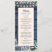 Rustikale blaue Holzsäge und Spitzen-Hochzeit Menükarte (Vorderseite)