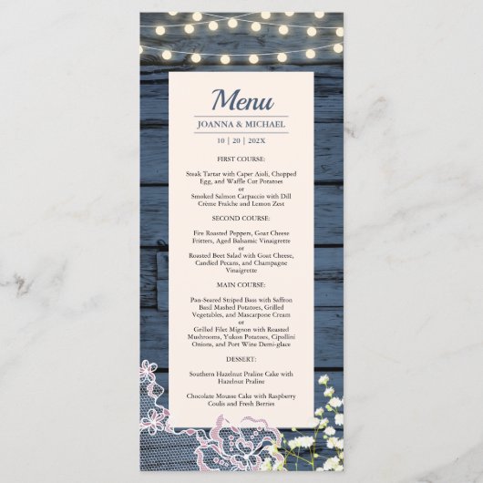 Rustikale blaue Holzsäge und Spitzen-Hochzeit Menükarte (Vorderseite)