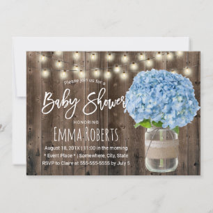 Rustikale blaue Hortensien-Blumen Glas Holz Baby S Einladung