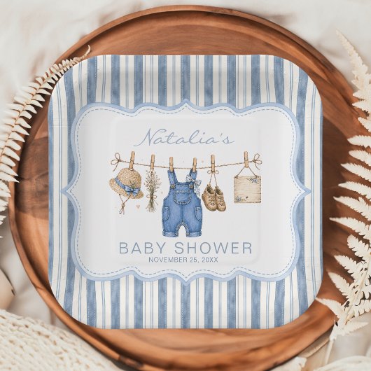 Rustikale Blaue Jeans-Baby-Party Pappteller