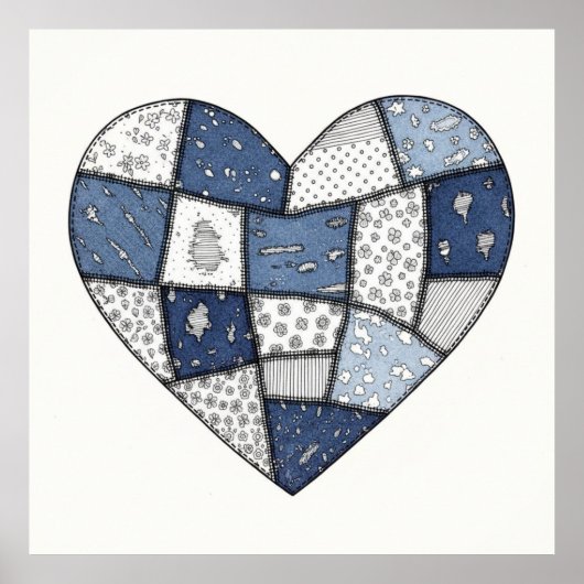 Rustikale Blaue Jeans-Patchwork-Herz-Illustration Poster (Vorne)