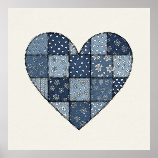 Rustikale blaue Jeans-Patchwork-Herz-Illustration Poster (Vorne)