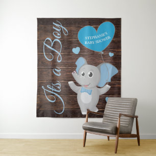 Rustikale Blaue Jungen-Elefanten-Baby-Party-Hinter Wandteppich