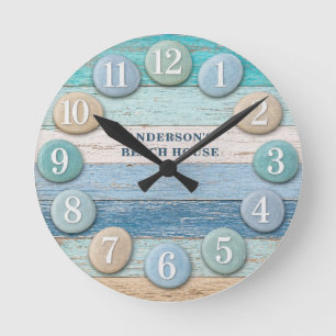 Rustikale blaue Küsten verwitterte Holz-Strandhaus Runde Wanduhr