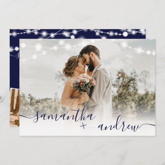 Rustikale blaue Lichter Drehbuch 4 Fotos Hochzeit Einladung (Vorne/Hinten)