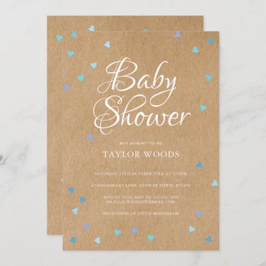 Rustikale blaue Liebe Herz Babyboy Dusche/Sprinkle Einladung (Vorne/Hinten)