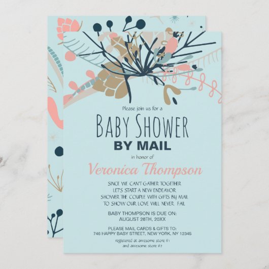 Rustikale blaue Pastel Botanische Babydusche per P Einladung (Vorne/Hinten)