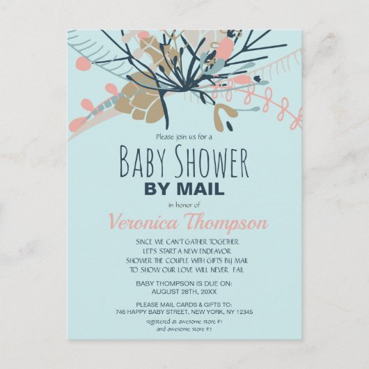 Rustikale blaue Pastel Botanische Babydusche per P Postkarte (Vorderseite)