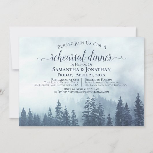 Rustikale Blaue Pinienbäume Hochzeit Probe & Abend Einladung (Vorderseite)