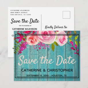 Rustikale blaue Rose Floral Save the Date Postkarte