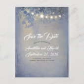 Rustikale blaue String-Leuchten Save the Date Ankündigungspostkarte (Vorderseite)