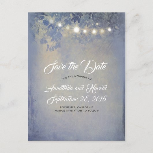 Rustikale blaue String-Leuchten Save the Date Ankündigungspostkarte (Vorderseite)