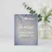 Rustikale blaue String-Leuchten Save the Date Ankündigungspostkarte (Stehend Vorderseite)