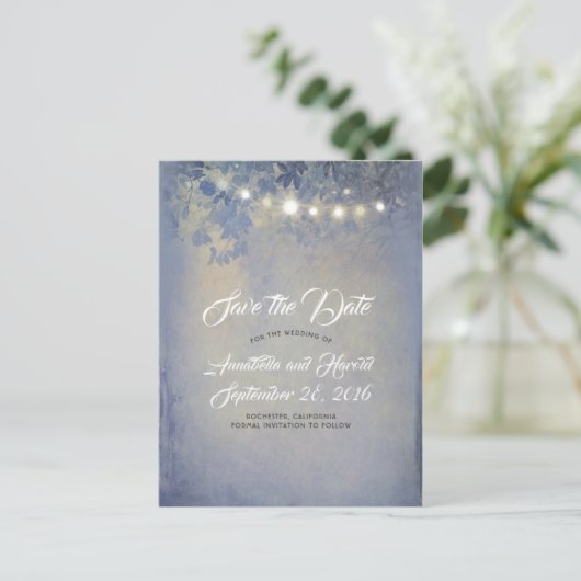 Rustikale blaue String-Leuchten Save the Date Ankündigungspostkarte (Stehend Vorderseite)