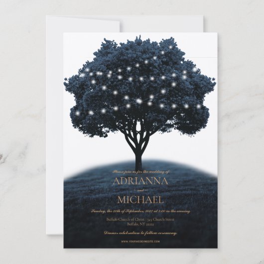 Rustikale blaue Tree String Lights Hochzeit Einlad Einladung (Vorderseite)
