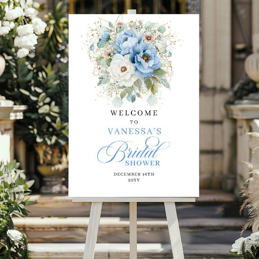 Rustikale blaue und goldene Hochzeitsdusche Begrüß Poster