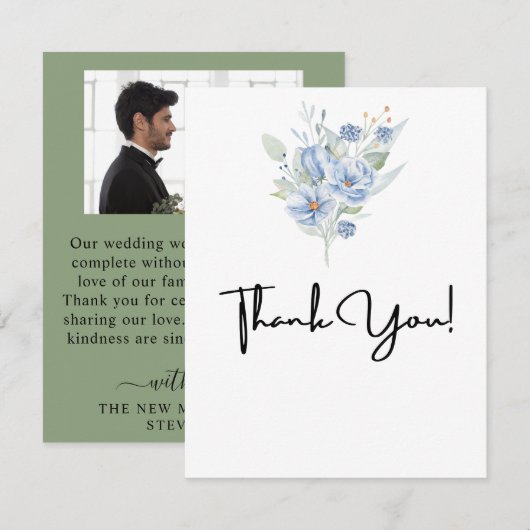 rustikale blaue Wasserfarben Blumen & Blätter Dankeskarte (Vorne/Hinten)