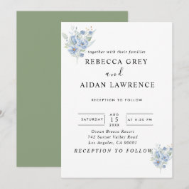 rustikale blaue Wasserfarben-Blumen & Blätter Einladung