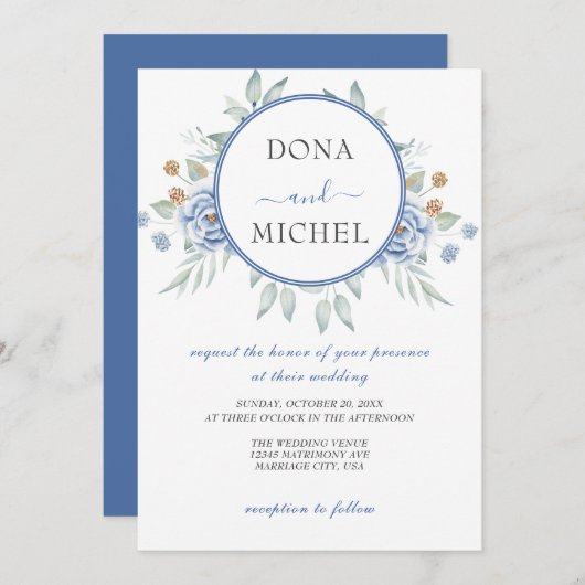 Rustikale Blauer Winterblumenhochzeit Einladung (Vorne/Hinten)