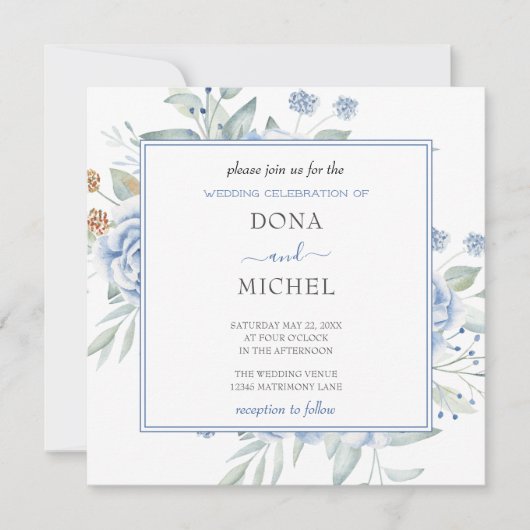 Rustikale Blauer Winterblumenhochzeit Einladung (Vorderseite)