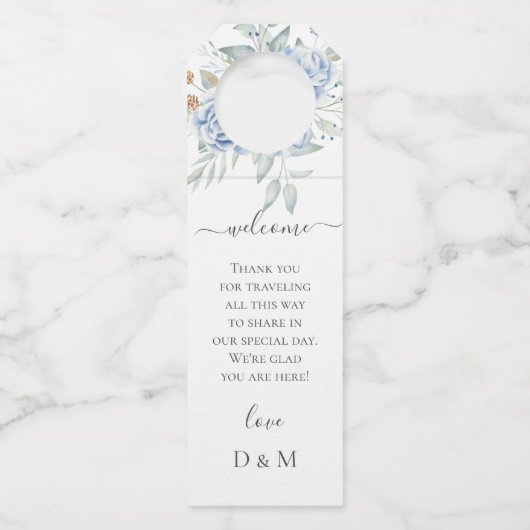 Rustikale Blauer Winterblumenhochzeit Flaschenanhänger (Vorderseite)