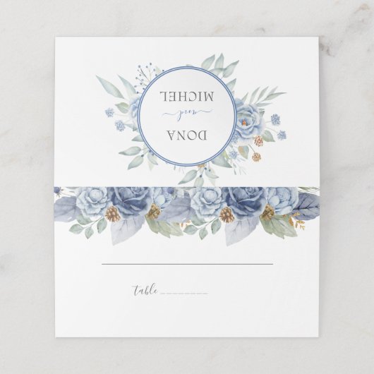 Rustikale Blauer Winterblumenhochzeit Platzkarte (Außenseite Aufgefaltet)