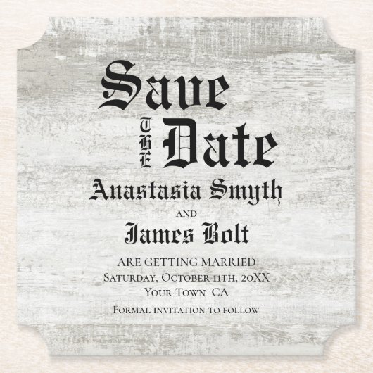 Rustikale Bleichholz-Hochzeit retten das Datum Untersetzer (Vorderseite)